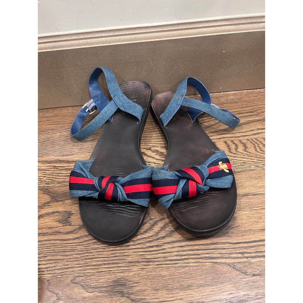 ROGUE Denim Stripe Bow Sandals Denim Web Bee Flat Slingback Women’s Size 9